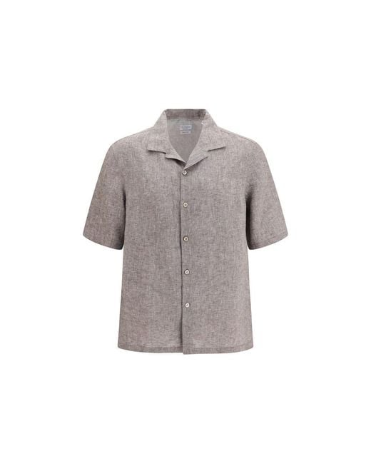 Brunello Cucinelli Gray Linen Shortsleeve Shirt for men