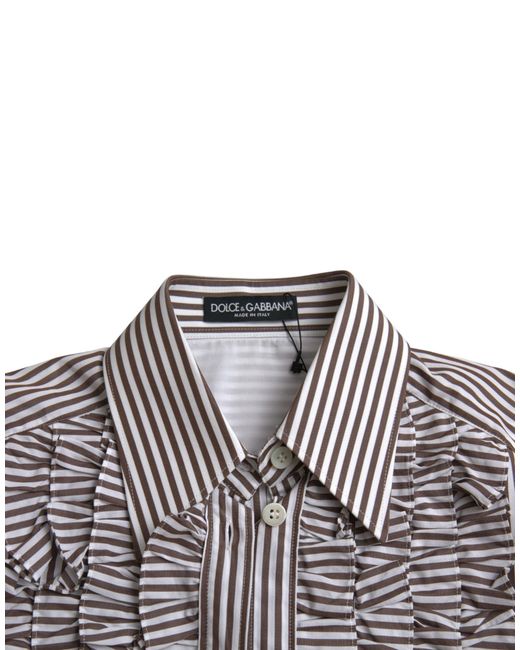 Dolce & Gabbana Gray Stripes Cotton Long Sleeves Ruffle Collar Top
