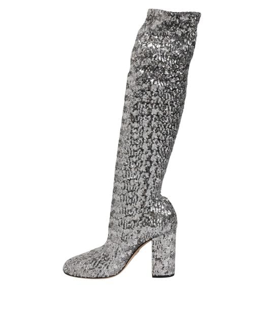 Dolce & Gabbana Gray Shoes Silver Sequins Glitter High Heel Boot Shoes