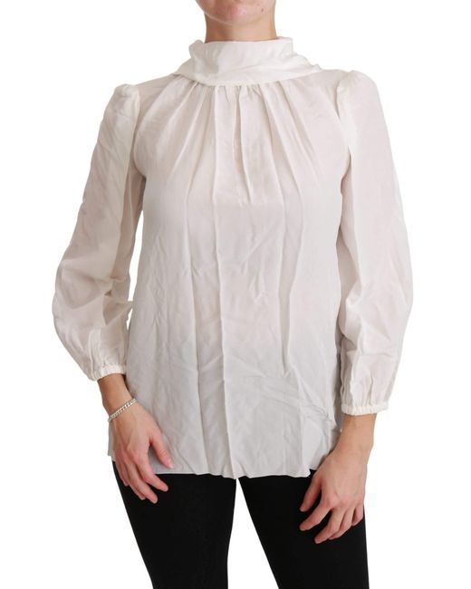 Dolce & Gabbana Gray White Turtle Neck Blouse Shirt Silk Top