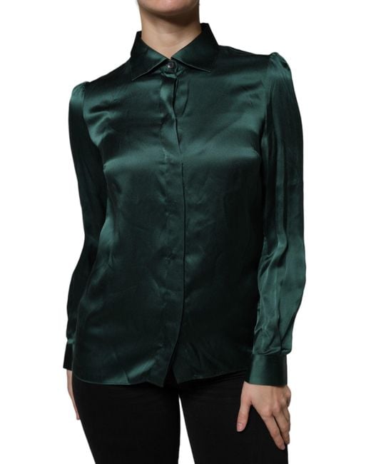 Dolce & Gabbana Green Silk Button Down Long Sleeves Blouse Top