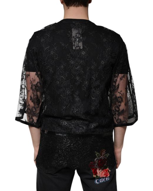 Dolce & Gabbana Black Nylon Floral Lace Crew Neck T-Shirt for men