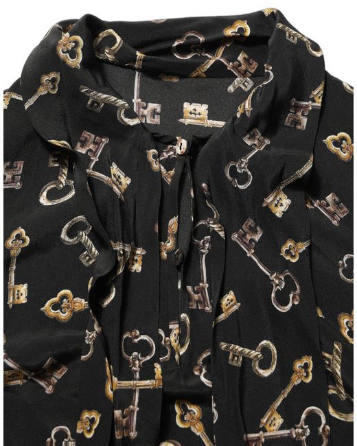 Dolce & Gabbana Black Keys Print Silk Tie Neck Blouse Top