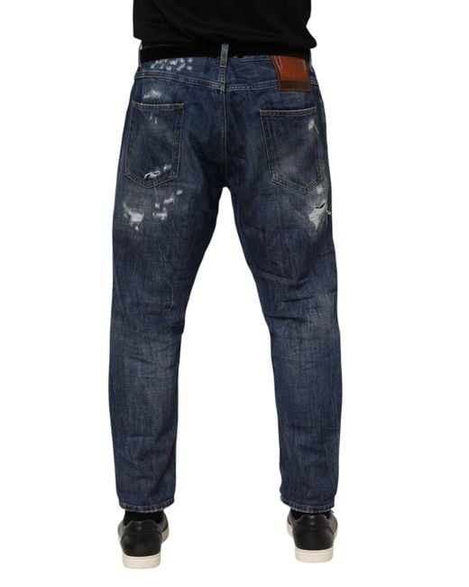 Dolce & Gabbana Blue Cotton Tattered Tapered Men Denim Jeans for men