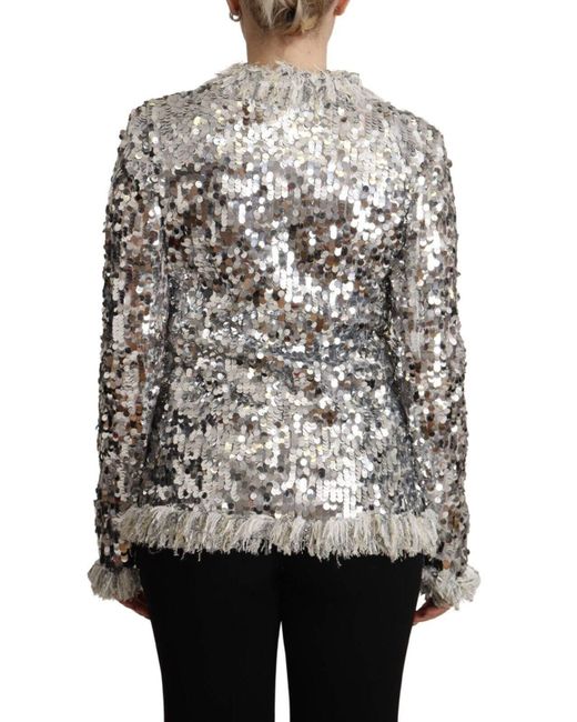 Dolce & Gabbana Gray Silver Sequined Shearling Long Sleeves Jacket Nylon
