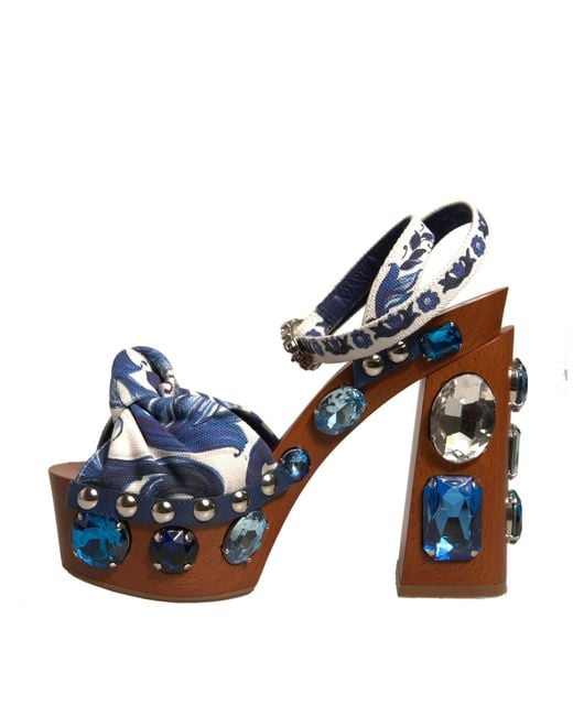 Dolce & Gabbana Blue Multicolor Majolica Embellished Wedge Sandals Shoes