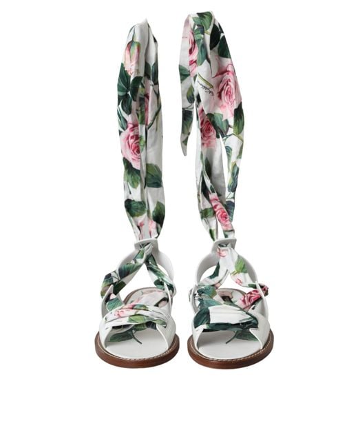 Dolce & Gabbana White Floral Print Ankle Wrap Sandals Shoes