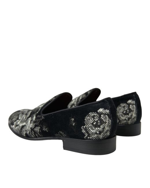 Dolce & Gabbana Black Floral Slippers Men Loafers Dress Shoes for men