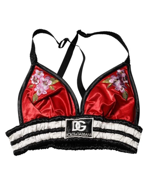 Dolce & Gabbana Red Satin Floral Embroidered Bralette Crop Top