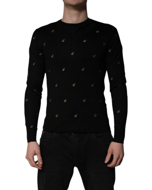 Dolce & Gabbana Black Pineapple Embroidered Knit Sweater for men
