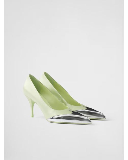 Prada Green Satin And Metallic Leather Pumps