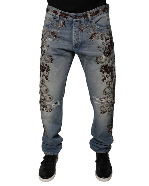 Dolce & Gabbana Blue Straight Jeans Floral Embroidery for men