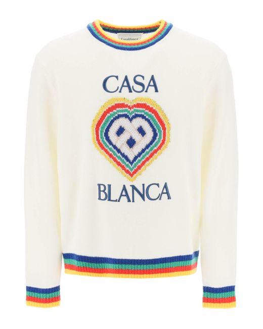 Casablancabrand White Rainbow Heart Virgin Wool Sweater for men