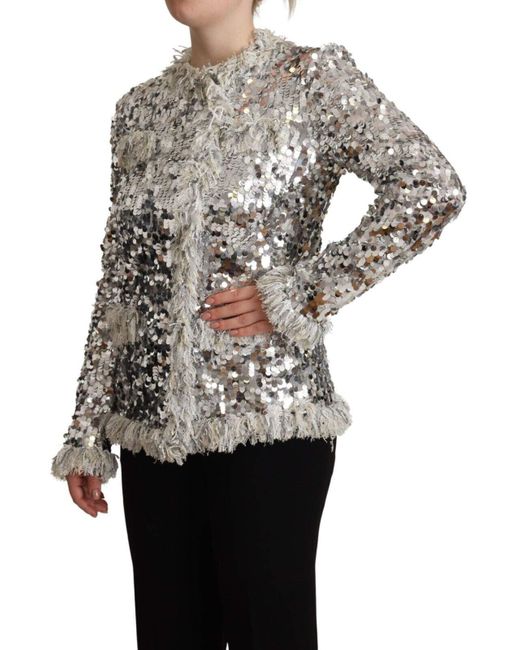 Dolce & Gabbana Gray Silver Sequined Shearling Long Sleeves Jacket Nylon
