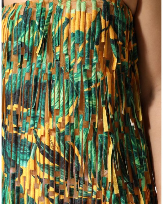 Dolce & Gabbana Green Multicolor Tropical Print Fringe Maxi Dress