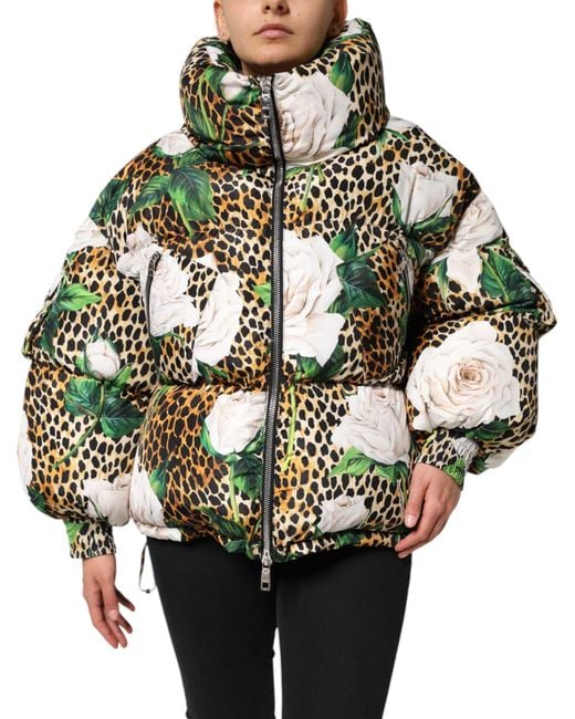 Dolce & Gabbana Women's Multicolor Leopard Rose Puffer Quilted Jacket