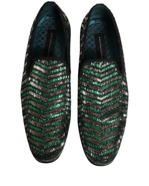 Dolce & Gabbana Silver Green Embellished Dress Loafers Shoes for men