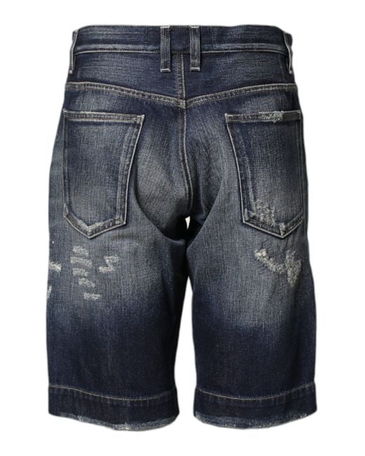 Dolce & Gabbana Gray Blue Cotton Distressed Denim Bermuda Shorts for men
