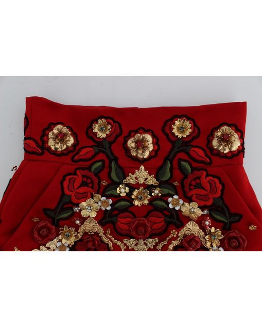 Dolce & Gabbana Red Silk Crystal Roses Shorts