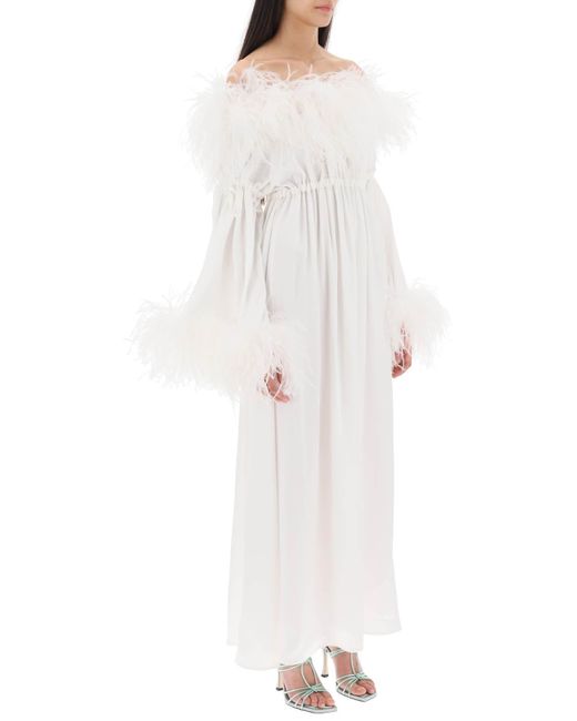 Art Dealer White 'bettina' Maxi Dress In Satin With Feathers