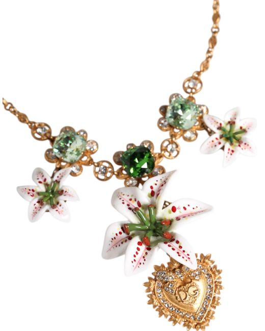 Dolce & Gabbana Metallic Brass Lily Crystal Sacred Heart Pendant Necklace