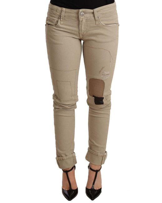Acht Natural Beige Denim Cotton Bottom Slim Fit Folded Pant