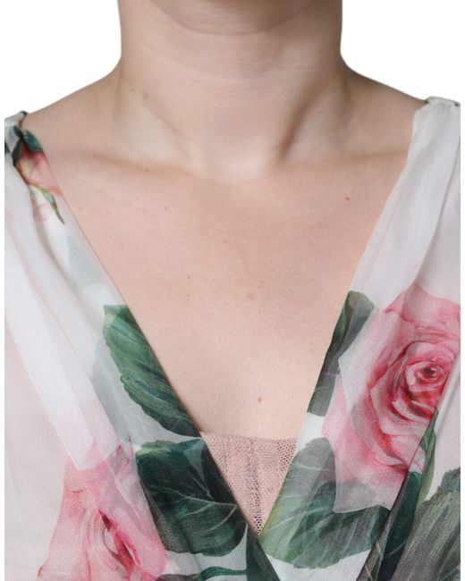 Dolce & Gabbana White Silk Floral Print A-Line Midi Dress