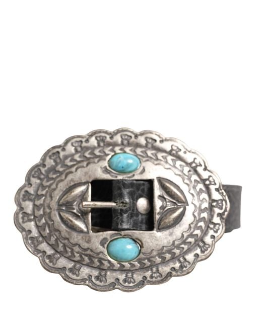 Roberto Cavalli Gray Leather Embellished Oval Buckle Belt
