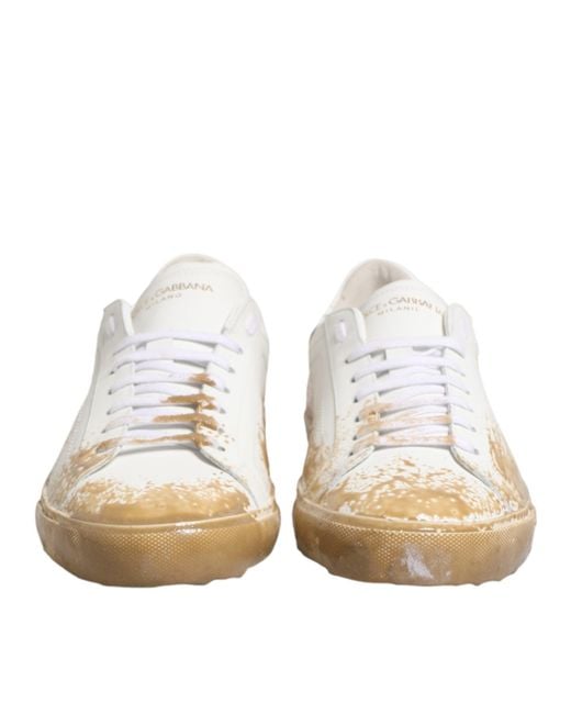 Dolce & Gabbana White Leather Paint Effect Low Top Sneakers Shoes for men
