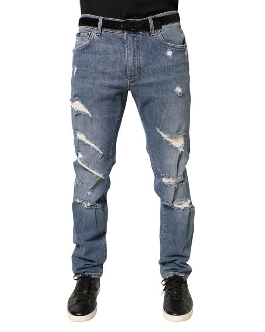 Dolce & Gabbana Blue Tattered Slim Fit Cotton Denim Jeans Elastane Clothing for men