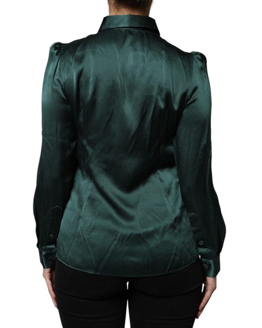 Dolce & Gabbana Dark Green Silk Button Down Long Sleeves Blouse Top