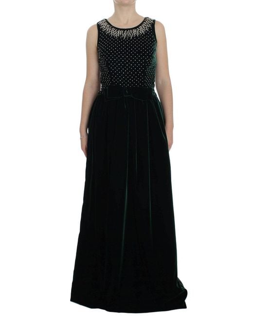 Dolce & Gabbana Black Velvet Crystal Long Maxi Dress