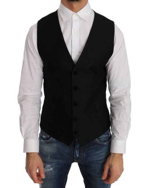 Dolce & Gabbana Black Solid Staff Slim Fit Waistcoat Vest for men
