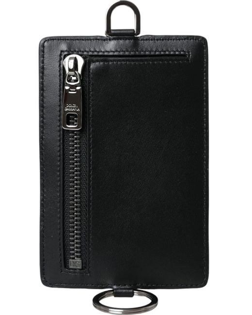 Dolce & Gabbana Black Calf Leather Lanyard Logo Card Holder Wallet for men