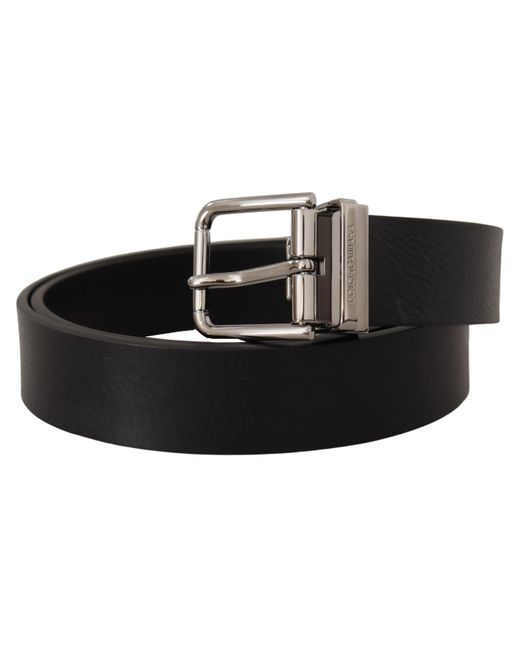 Dolce & Gabbana Black Calf Leather Logo Engraved Metal Buckle Belt for men