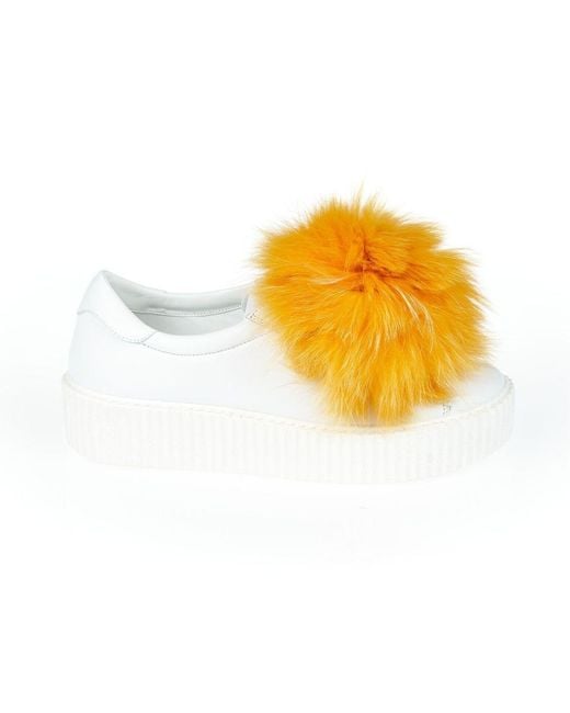 MR & MRS Yellow White Textile Sneaker With Real Fur Pom Poms