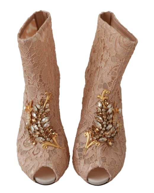 Dolce & Gabbana Brown Crystal Lace Booties Stilettos Shoes