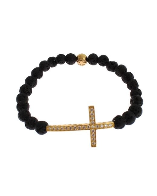Nialaya Black Lava Stone Gold Clear Cz Cross 925 Silver Bracelet
