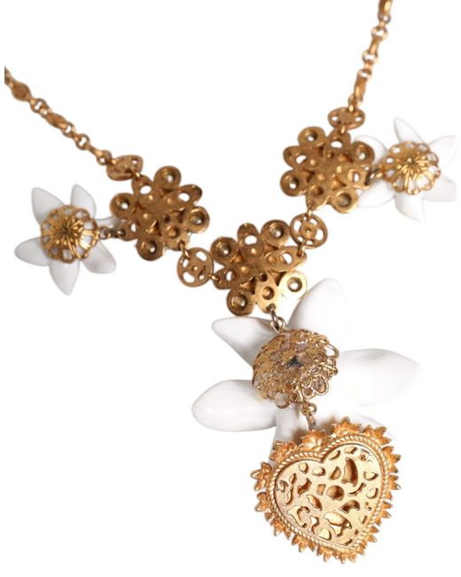 Dolce & Gabbana Metallic Brass Lily Crystal Sacred Heart Pendant Necklace