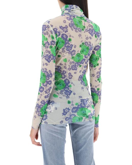 Ganni Green Long Sleeved Top In Mesh With Floral Pattern
