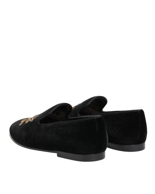 Dolce & Gabbana Black Velvet Gold Crown Mens Loafers Shoes for men