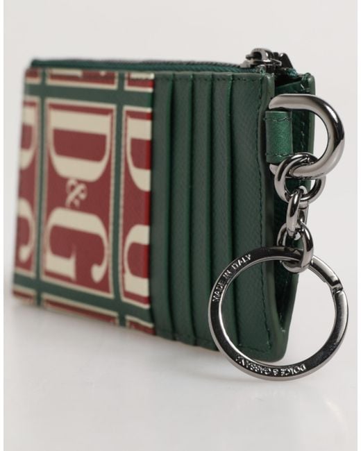 Dolce & Gabbana Green Calf Leather Logo Print Monogram Card Holder Wallet for men