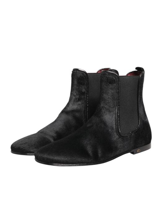 Dolce & Gabbana Black Leather Fur Men Chelsea Boots Shoes for men