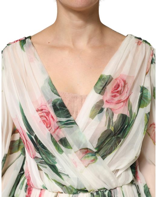Dolce & Gabbana Red Floral Silk Wrap Midi Long Sleeve Dress