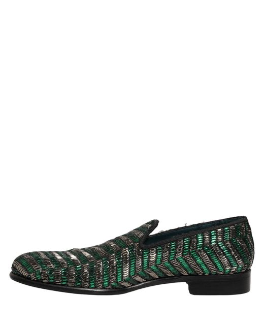 Dolce & Gabbana Silver Green Embellished Dress Loafers Shoes for men
