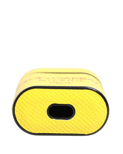 Dolce & Gabbana White Yellow Calf Leather Logo Flip Holder Strap Airpods Case