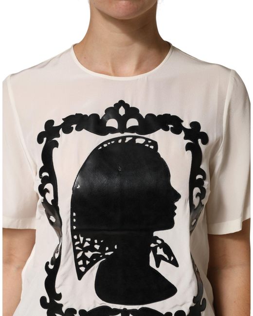 Dolce & Gabbana White Silk Silhouette Detail Short Sleeve Top