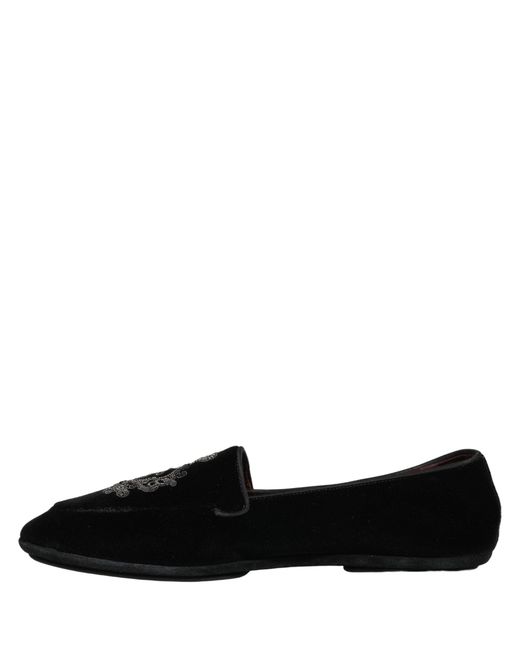 Dolce & Gabbana Black Velvet Crown Embroidery Loafers Shoes for men