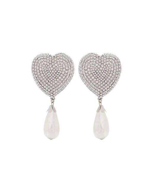 Alessandra Rich White Heart Crystal Earrings With Pearls