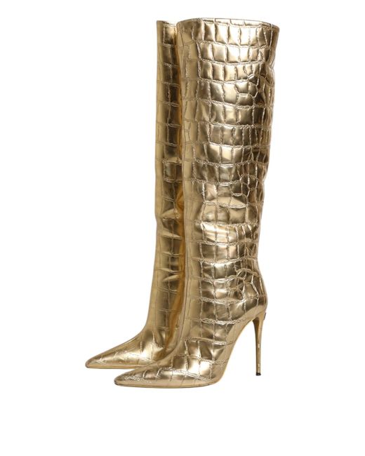 Dolce & Gabbana Metallic Leather Stiletto Heels High Boots Shoes